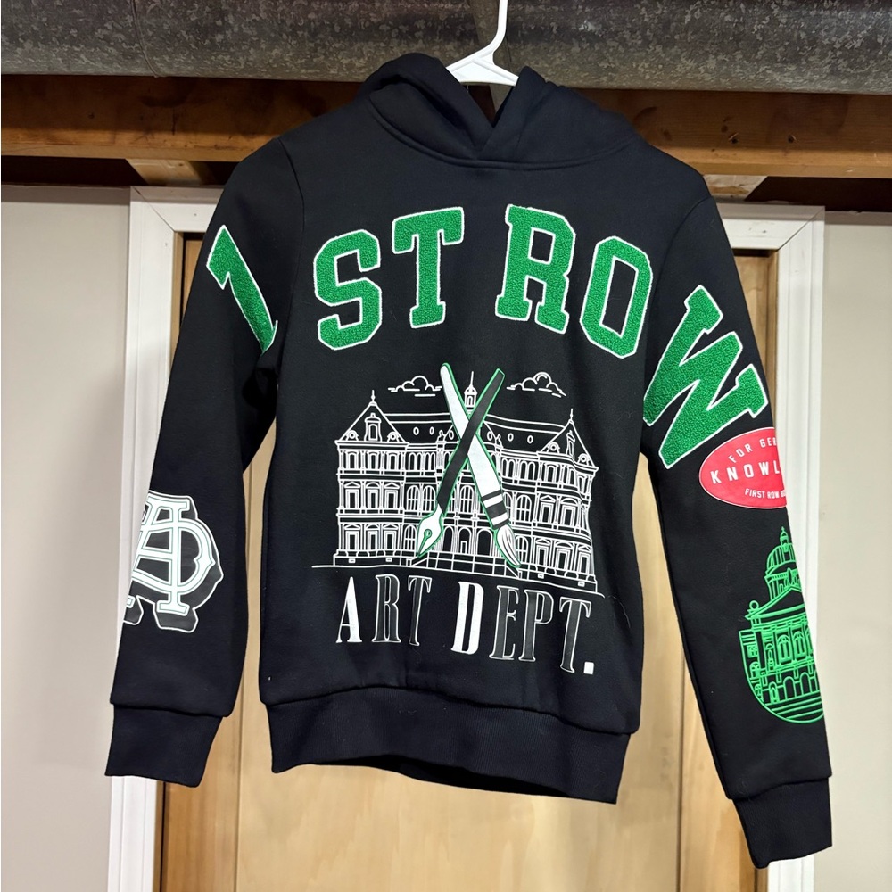 NWT First Row Black Hoodie with Green and White Graphics